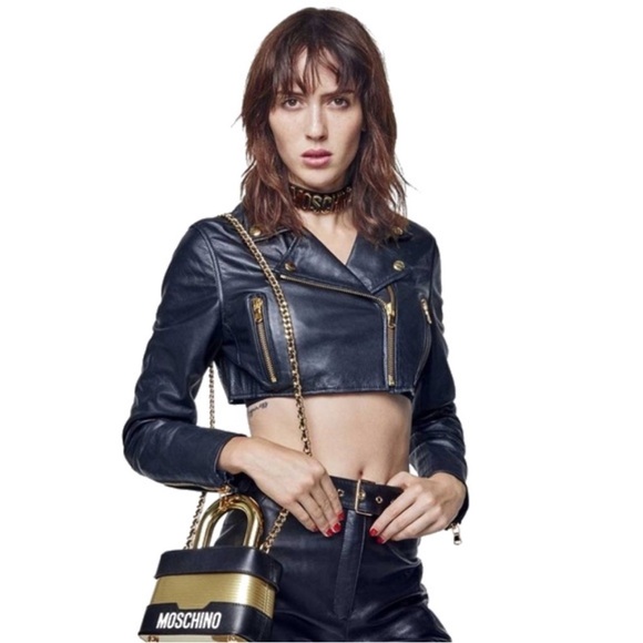 NEW Moschino x H&M Collaboration Cropped Black Leather Moto Jacket - Picture 14 of 14